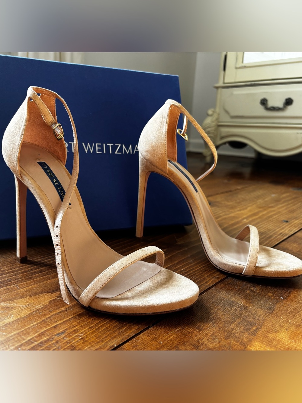 Stuart Weitzman Beige Suede Ankle-Strap Stiletto Sandals- never worn